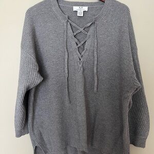 Magaschoni women’s 1x plus size gray sweater with drop shoulder and lace up neck
